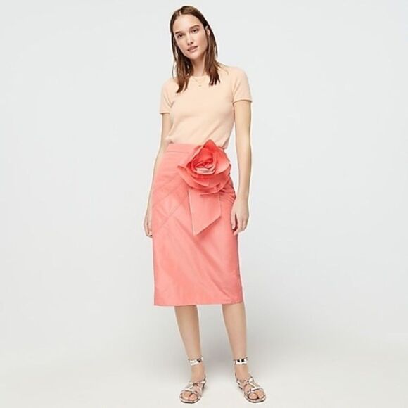 J.CREW TAFFETA ROSETTE ROSE PENCIL MIDI SKIRT IN BRIGHT PINK CORAL - Picture 3 of 13